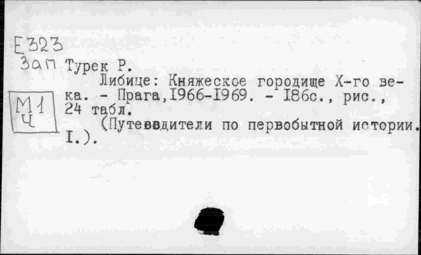 ﻿5схп Туре к P.
Либице: Княжеское городище Х-го ве-і ка. - Прага,1966-1969. - 186с., рис., і 24 табл.
Ч- I (Путеводители по первобытной истории